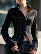 Chic Denim Style Blazer Shirt With Contrast Stitching