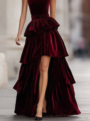 Elegant Velvet Tiered High-Low Evening Gown