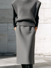 Gray Knit Turtleneck Vest And Midi Skirt Set