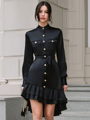 Elegant Black Satin Ruffled Shirt Dress With Gold Buttons