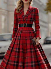 Mooyius Statement Red Plaid Trench Dress With Gold Buckle Belt