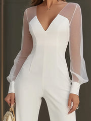 White Mesh-Sleeve Tailored Jumpsuit