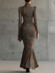 Brown Leopard Print Pleated Cutout Maxi Dress