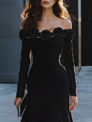 Black Off-Shoulder Midi Dress With Floral Embellishment