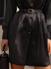 Belted Button-Front Shirt Dress With Subtle Dots