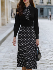 Polka Dot Bow-Tie Blouse And Midi Skirt Set