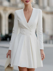 Long-Sleeve Double-Breasted Pleated Mini Dress