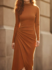 Burnt Amber Asymmetric Drape Midi Dress
