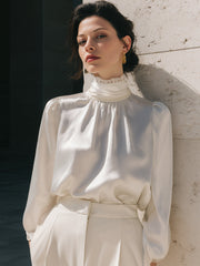Elegant High-Neck Satin Blouse with Lace Trim