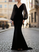 Sheer-Sleeve V-Neck Velvet Mermaid Gown