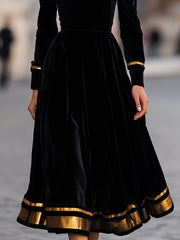 Elegant Velvet Midi Dress With Gold Trim