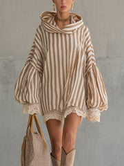 Beige Striped Puff Sleeve Lace Trim Oversized Mini Dress
