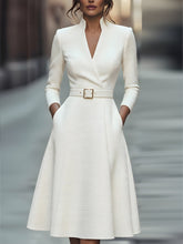 White Textured Belted Midi Dress With V-Neckline