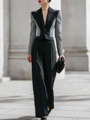 Contrast Houndstooth Panel Tailored Blazer & Wide-Leg Pant Set