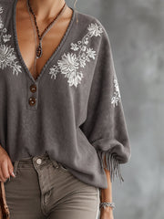 Gray Suede Embroidered Fringe Loose Blouse