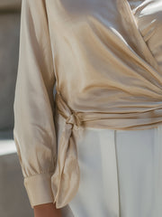 Beige Satin Wrap Blouse With Side Tie