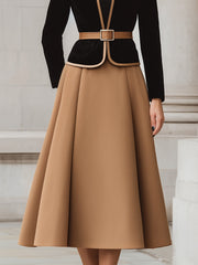 Two-Tone Trim Blazer And A-Line Midi Skirt Set