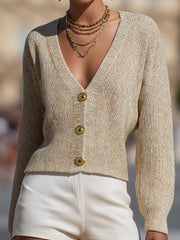Gold-Threaded Knit Button Cardigan In Champagne Beige