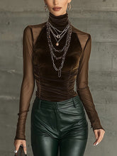 Brown Velvet Mesh Mock Neck Top With Ruched Detailing