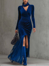 Royal Blue Velvet Ruched Bodycon Dress With Chiffon Splicing