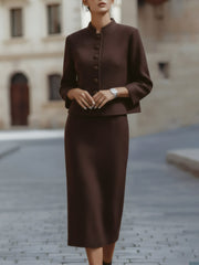 Deep Mocha Midi Skirt Suit With Stand Collar