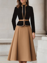 Two-Tone Trim Blazer And A-Line Midi Skirt Set