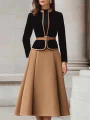Two-Tone Trim Blazer And A-Line Midi Skirt Set