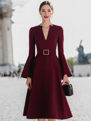 Burgundy V-Neck Bell Sleeve Belted Midi Dress