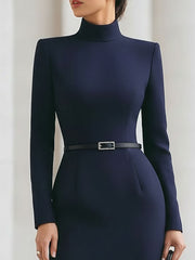 Elegant Navy Turtleneck Sheath Midi Dress With Belted Waist