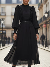Black Long-Sleeve Ruffled High-Neck Pleated Midi Dress