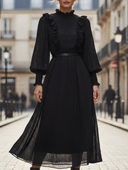 Black Long-Sleeve Ruffled High-Neck Pleated Midi Dress