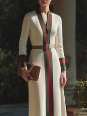 Contrast Trim Belted Ribbed Knit Maxi Dress