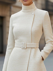 Elegant Belted High-Neck Wool Blend Dress