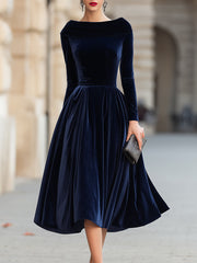 Velvet Midi Dress With Sculpted Off-Shoulder Collar