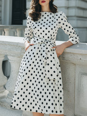White Polka Dot Midi Dress With Bow Waist Detail