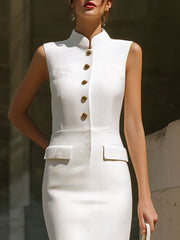Elegant White Tweed Mandarin Collar Midi Dress