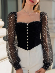 Black Velvet Corset Top With Polka-Dot Mesh Sleeves