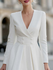 Long-Sleeve Double-Breasted Pleated Mini Dress