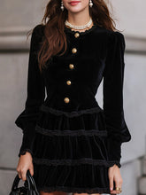 Elegant Velvet Tiered Mini Dress With Gold-Tone Buttons
