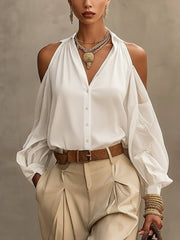 White Cotton Off Shoulder Collared Button Up Shirt