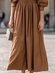 Elegant Camel Deep V-Neck Smocked-Waist Midi Dress