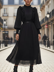 Black Long-Sleeve Ruffled High-Neck Pleated Midi Dress