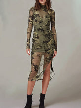 Olive Floral Mesh Ruched High-Slit Bodycon Midi Dress