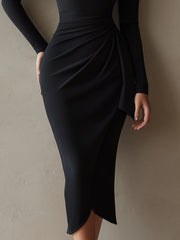 Black One-Shoulder Draped Bodycon Midi Dress