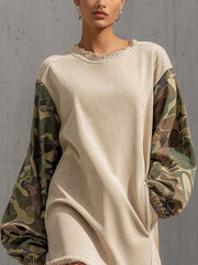Beige Faux Suede Mini Dress With Camouflage Patchwork Sleeves