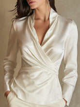 White Satin Fold-Front Blouse With Sculpted Draping