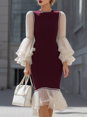Burgundy Ruffle Hem Dress With Sheer Layered Sleeves