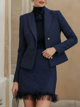 Navy Blue Tweed Skirt Suit With Tulle Hem