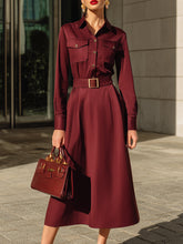 Burgundy Belted Long-Sleeve Shirt Midi Dress