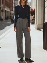Navy Ribbed Knit Polo Top And Gray Tailored Trousers Set